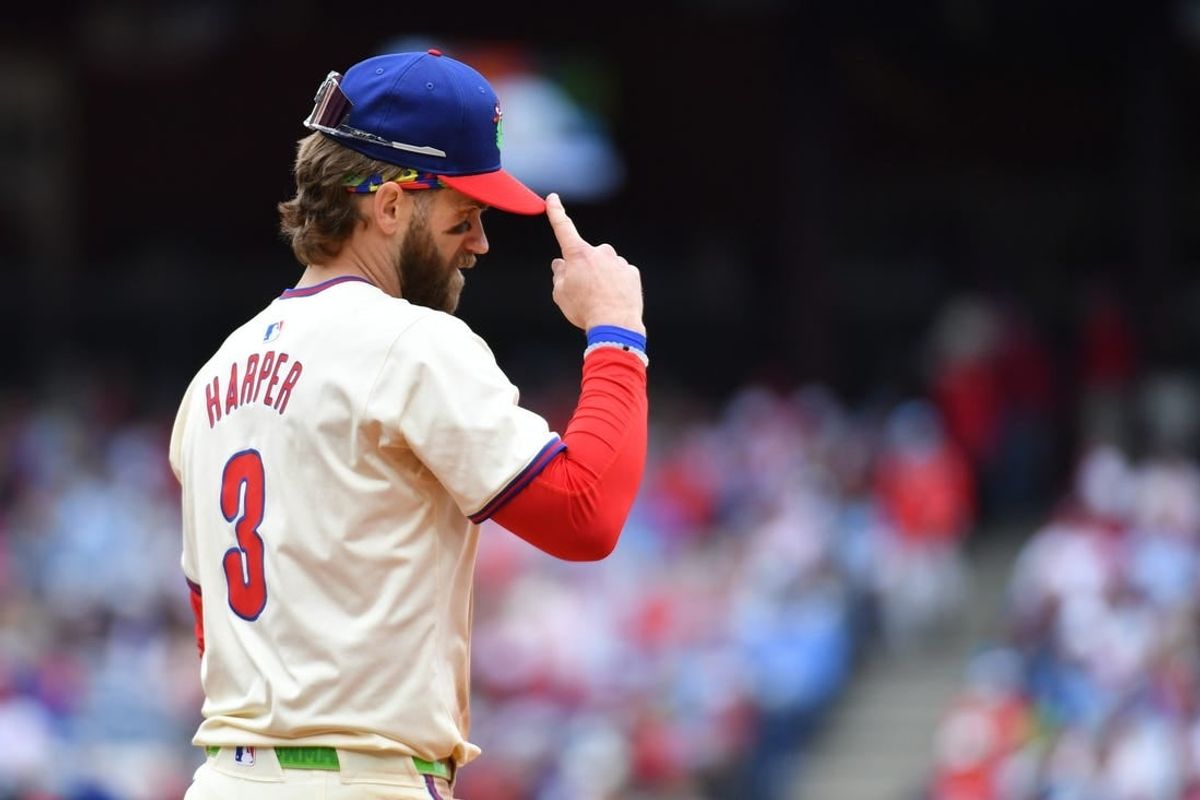Apr 21, 2024; Philadelphia, Pennsylvania, USA; Philadelphia Phillies first base Bryce Harper (3) against the Chicago White Sox during the sixth inning at Citizens Bank Park.