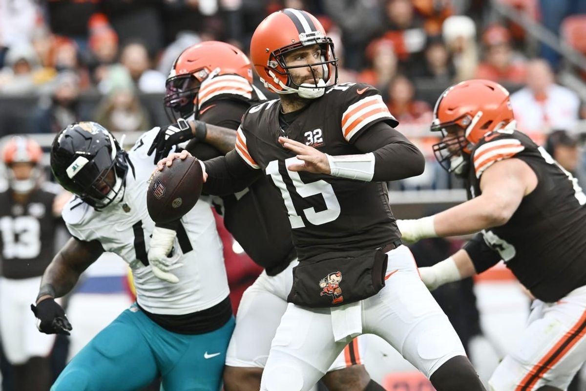 Dec 10, 2023; Cleveland, Ohio, USA; Cleveland Browns quarterback Joe Flacco (15) throws a pass during the first half against the Jacksonville Jaguars at Cleveland Browns Stadium.