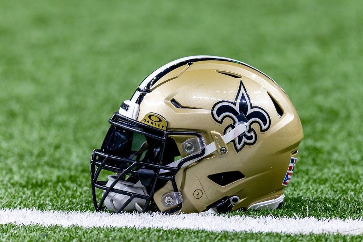 Jan 7, 2024; New Orleans, Louisiana, USA; Detailed view of the New Orleans Saints helmet during warmups against the Atlanta Falcons at Caesars Superdome.