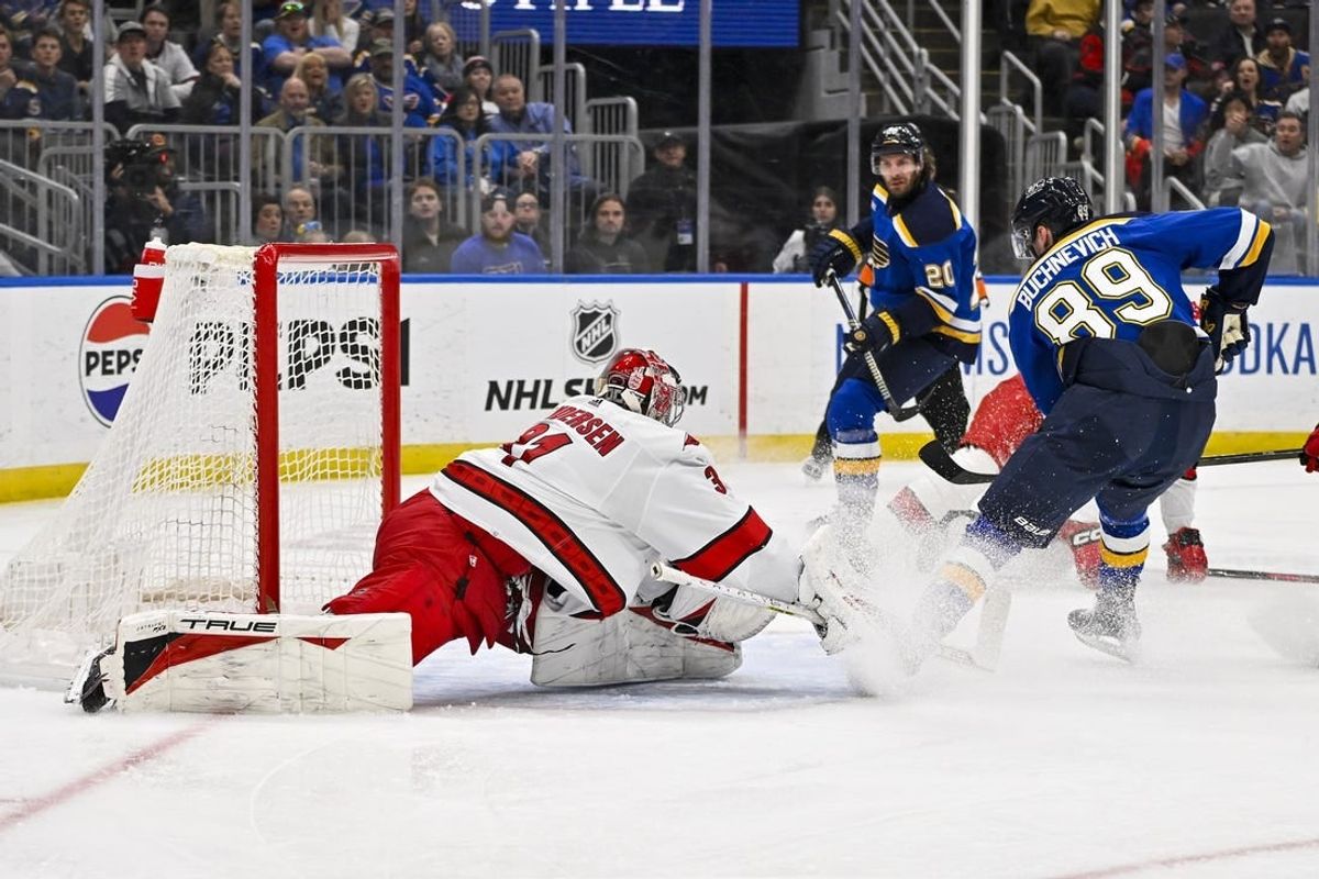 Apr 12, 2024; St. Louis, Missouri, USA;  Carolina Hurricanes goaltender Frederik Andersen (31) defends the net against St. Louis Blues left wing Pavel Buchnevich (89) during the second period at Enterprise Center.