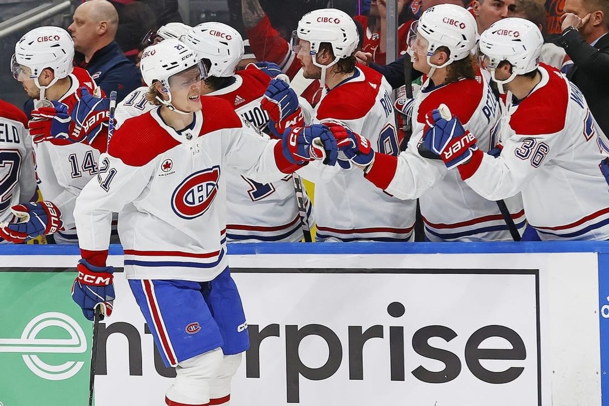 Mar 16, 2024; Edmonton, Alberta, CAN; The Montreal Canadiens celebrate a goal scored by  defensemen Kaiden Guhle (21) during the third period against the Edmonton Oilers at Rogers Place.
