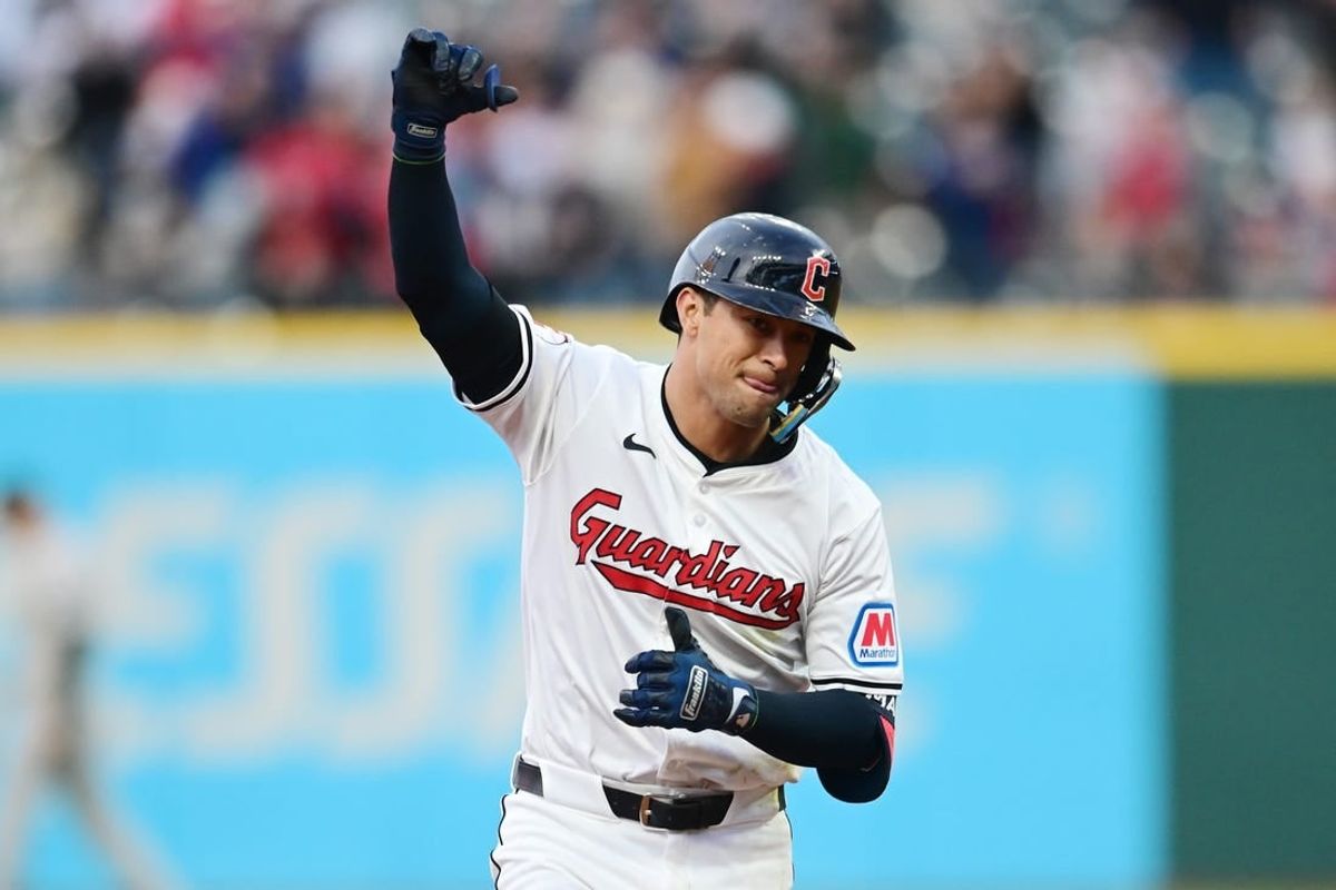 Apr 19, 2024; Cleveland, Ohio, USA; Cleveland Guardians center fielder Tyler Freeman (2) rounds the bases after hitting a home run during the second inning against the Oakland Athletics at Progressive Field.