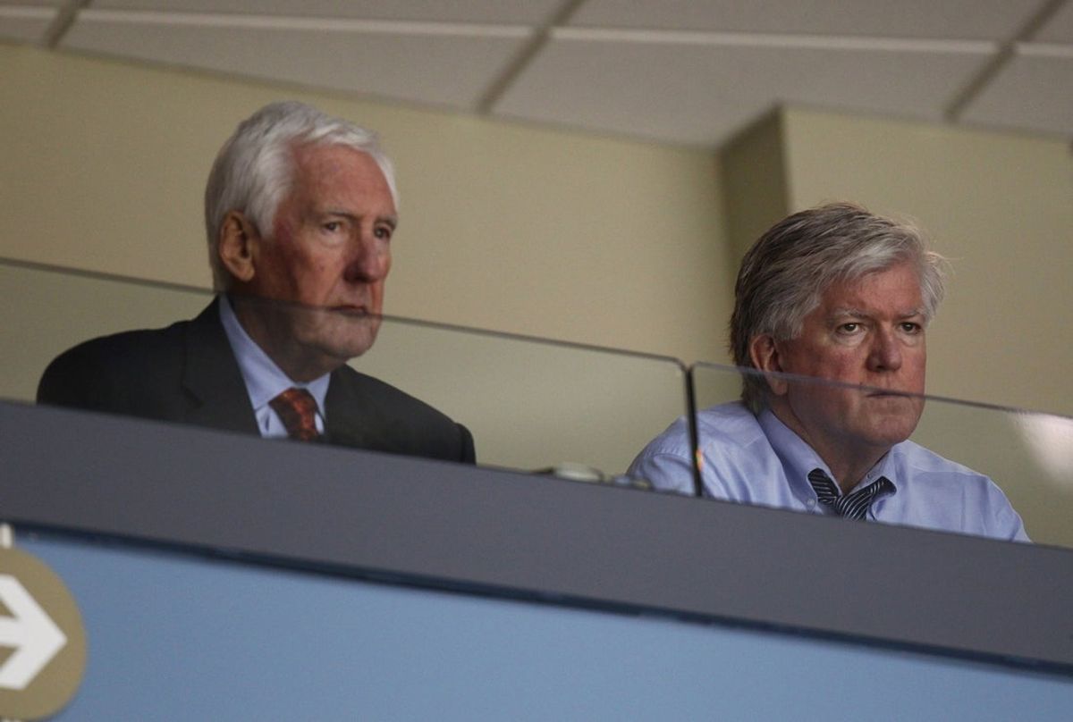 Sep 23, 2010; London, ON, Canada; Toronto Maple Leafs senior advisor Cliff Fletcher (left) and general manager Brian Burke (right) look on from the press box against the Philadelphia Flyers at the John Labatt Centre. The Maple Leafs beat the Flyers 3-2. Mandatory Credit: Tom Szczerbowski-Imagn Images