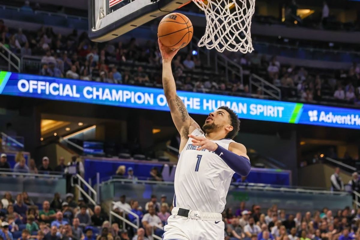 Mar 30, 2024; Orlando, Florida, USA; Memphis Grizzlies guard Scotty Pippen Jr. (1) goes to the basket during the second half against the Orlando Magic at KIA Center.