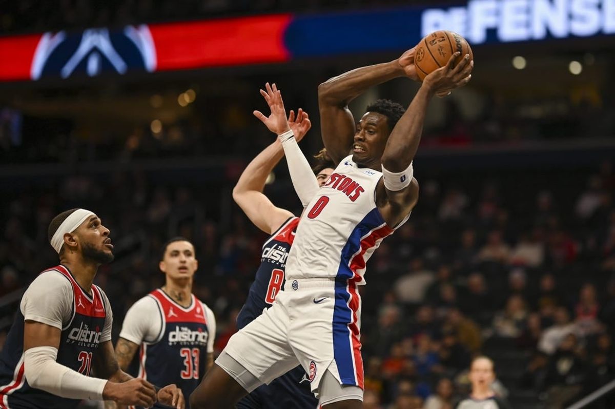 Jan 15, 2024; Washington, District of Columbia, USA;  Detroit Pistons center Jalen Duren (0) looks to pass during the second  half against the Washington Wizardsm at Capital One Arena.