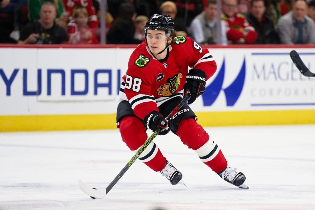 Dec 19, 2023; Chicago, Illinois, USA;  Chicago Blackhawks forward Connor Bedard (98) skates against the Colorado Avalanche at United Center.