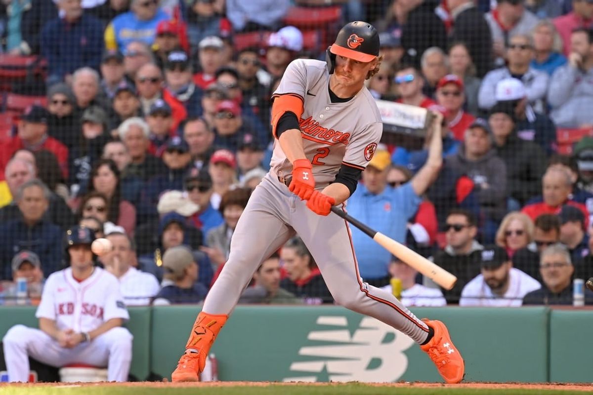 Apr 9, 2024; Boston, Massachusetts, USA; Baltimore Orioles shortstop Gunnar Henderson (2) bats against the Boston Red Sox during the fifth inning at Fenway Park.