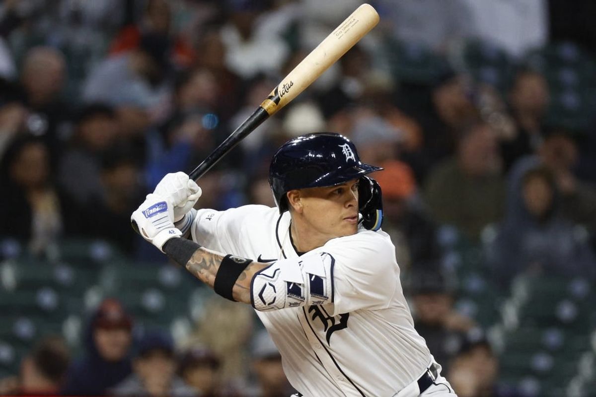 Apr 15, 2024; Detroit, Michigan, USA; Detroit Tigers third baseman Gio Urshela bats against the Texas Rangers at Comerica Park.