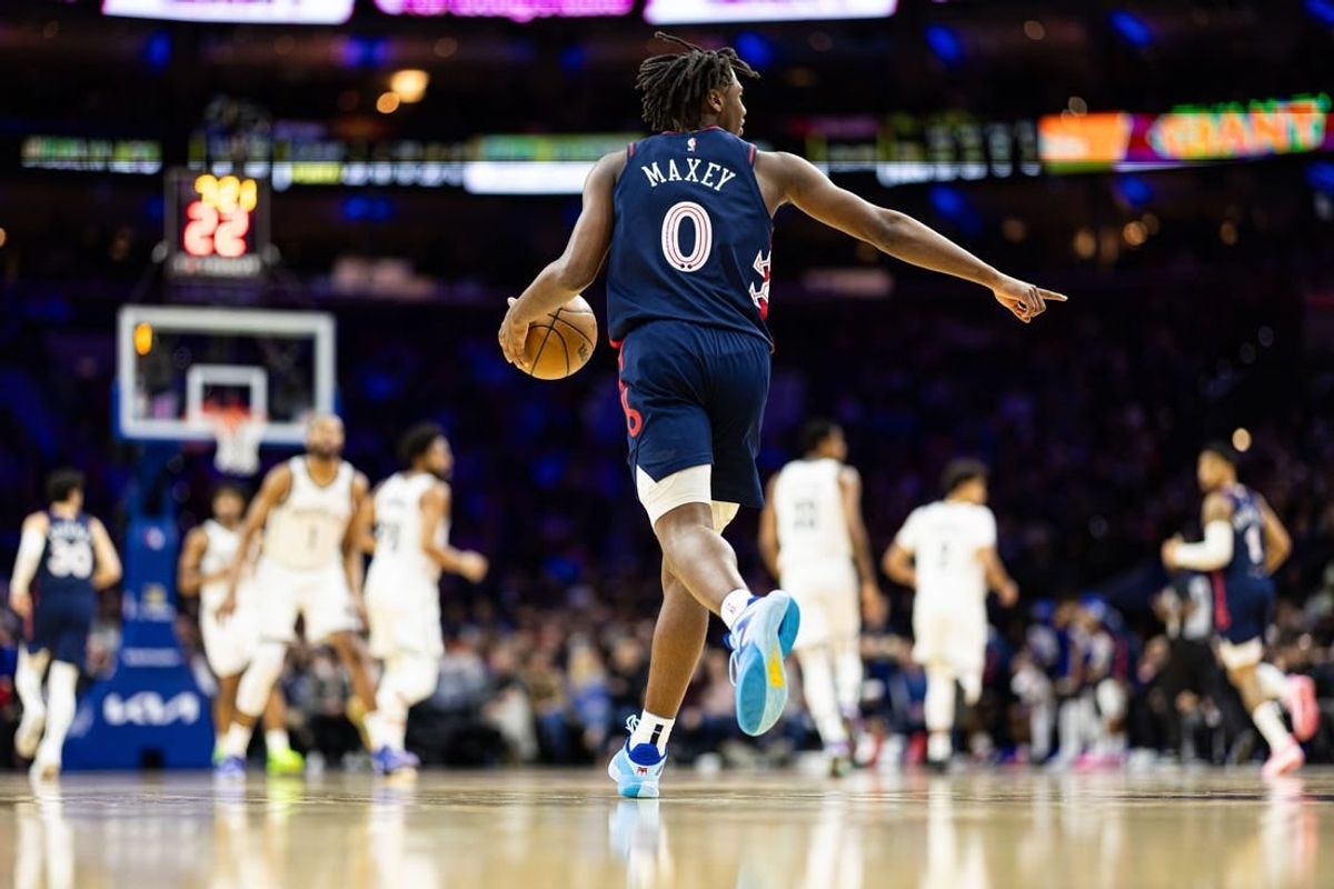 Feb 3, 2024; Philadelphia, Pennsylvania, USA; Philadelphia 76ers guard Tyrese Maxey (0) brings the ball up court against the Brooklyn Nets during the third quarter at Wells Fargo Center.