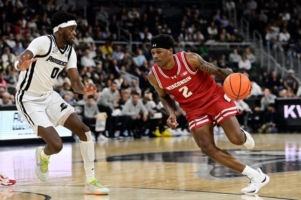 Nov 14, 2023; Providence, Rhode Island, USA; Wisconsin Badgers guard AJ Storr (2) drives the ball up the court during the second half against the Providence Friars at Amica Mutual Pavilion.