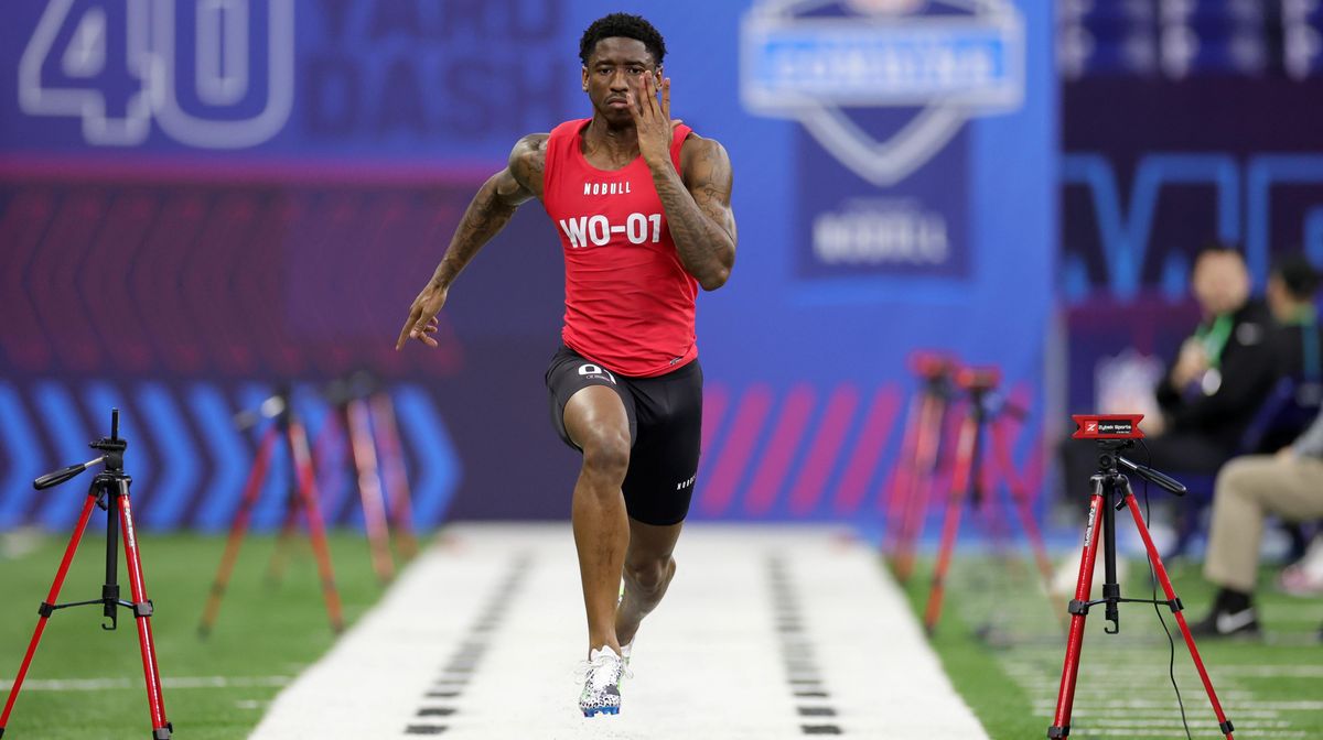 Jordan Addison of Southern California participates in the 40-yard dash during the NFL Combine at Lucas Oil Stadium on March 04, 2023 in Indianapolis, Indiana.