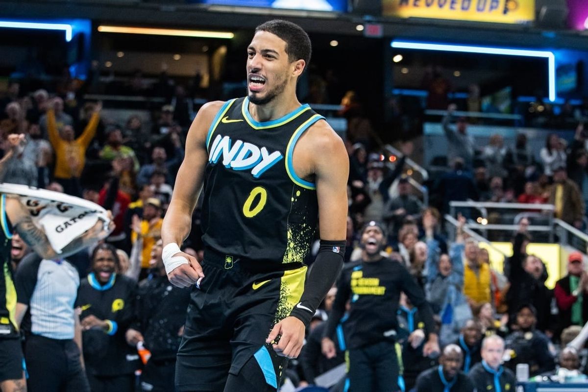 Nov 24, 2023; Indianapolis, Indiana, USA; Indiana Pacers guard Tyrese Haliburton (0) celebrates a made basket  in the second half against the Detroit Pistons at Gainbridge Fieldhouse.