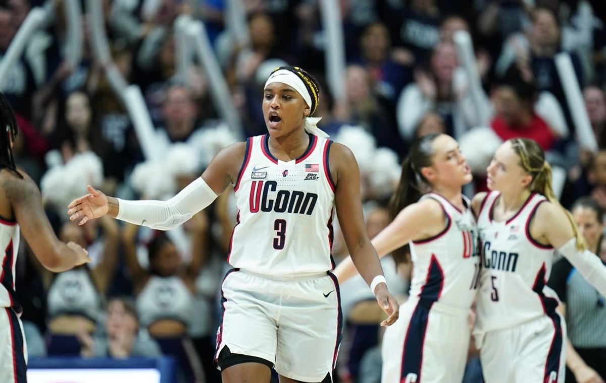 Feb 28, 2024; Storrs, Connecticut, USA; UConn Huskies forward Aaliyah Edwards (3) and teammates react during a timeout against the Villanova Wildcats in the second half at Harry A. Gampel Pavilion.