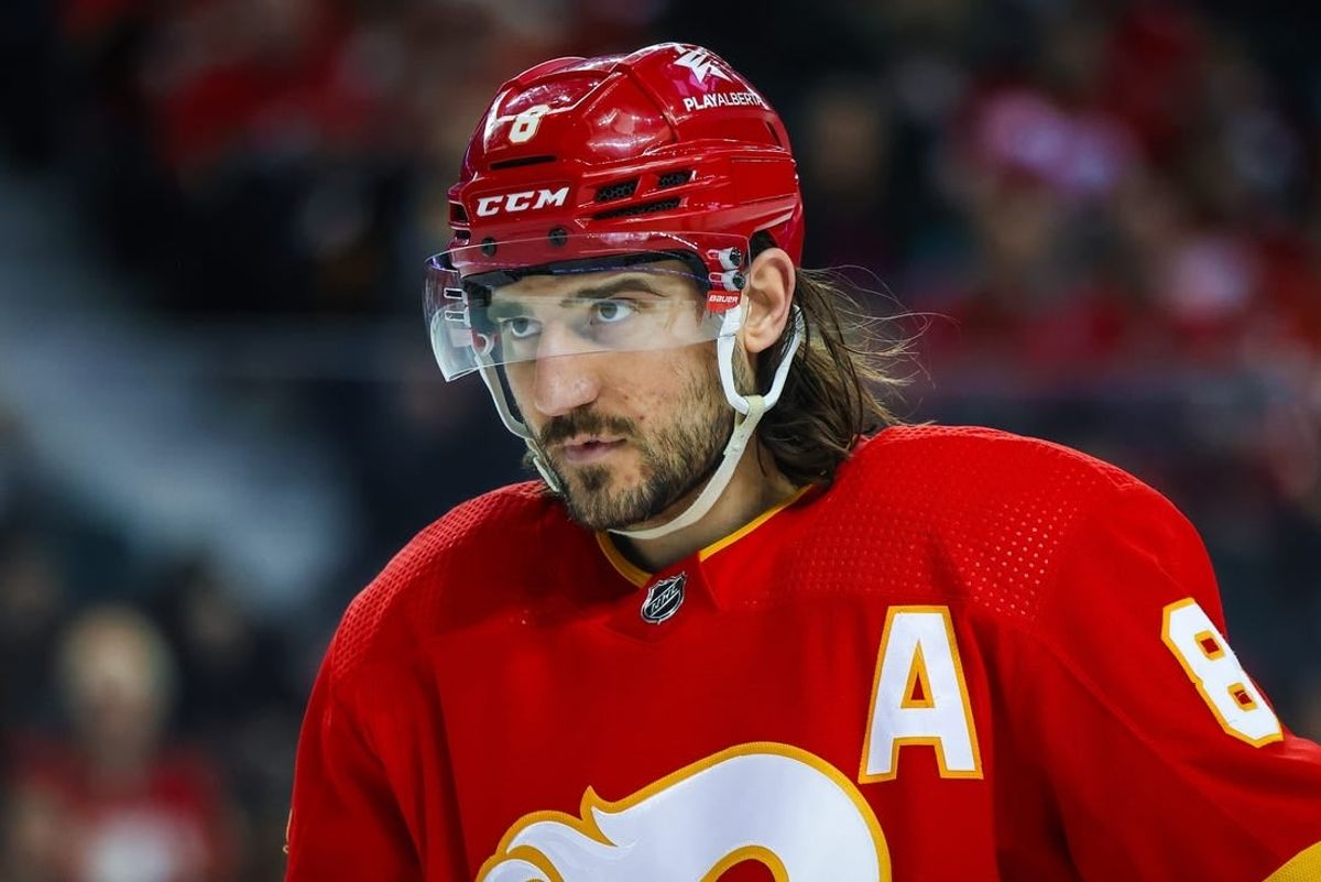 Feb 27, 2024; Calgary, Alberta, CAN; Calgary Flames defenseman Chris Tanev (8) against the Los Angeles Kings during the first period at Scotiabank Saddledome.