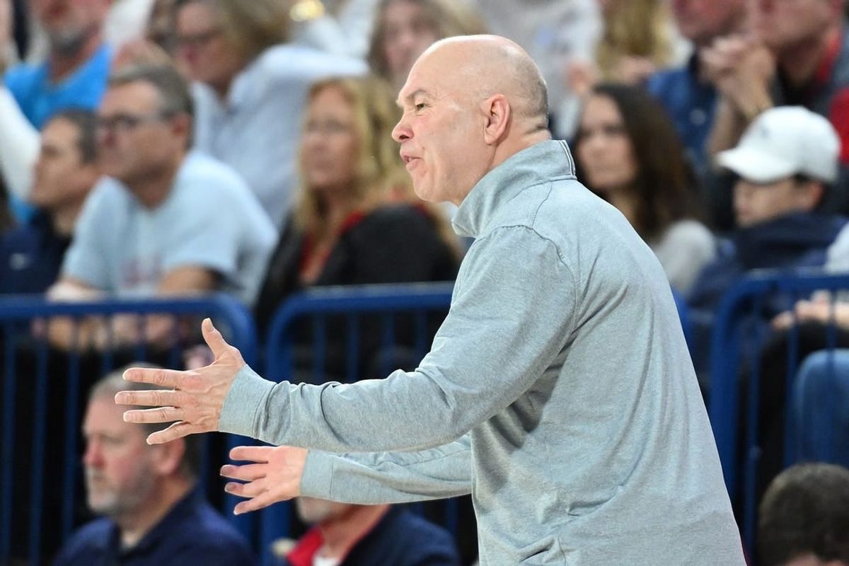 Feb 3, 2024; Spokane, Washington, USA; St. Mary's Gaels head coach Randy Bennett reacts after a play against the Gonzaga Bulldogs in the second half at McCarthey Athletic Center. St. Mary's Gaels won 64-62.