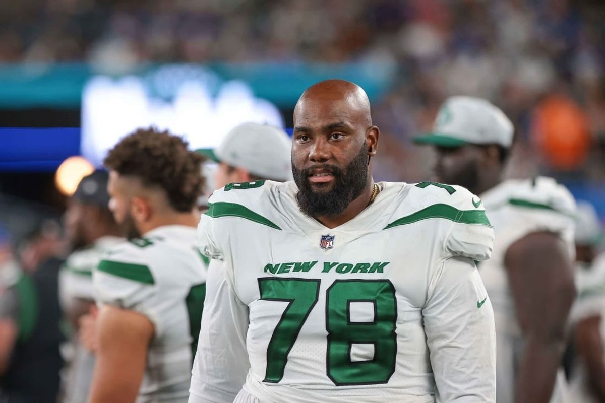 Aug 14, 2021; East Rutherford, New Jersey, USA; New York Jets offensive tackle Morgan Moses (78) during the second half against the New York Giants at MetLife Stadium.