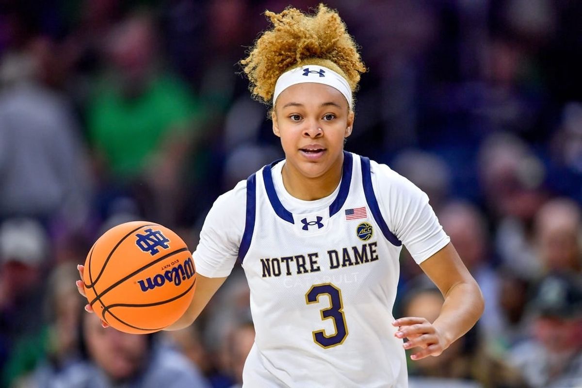 Nov 15, 2023; South Bend, Indiana, USA; Notre Dame Fighting Irish guard Hannah Hidalgo (3) dribbles in the second half against the Northwestern Wildcats at the Purcell Pavilion.