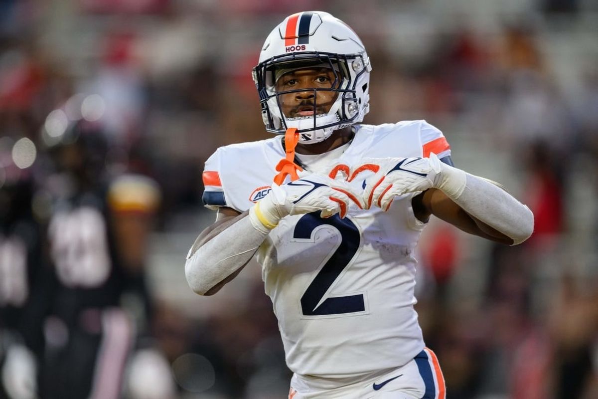 Sep 15, 2023; College Park, Maryland, USA; Virginia Cavaliers running back Perris Jones (2) reacts after scoring a touchdown during the first quarter against the Maryland Terrapins at SECU Stadium.