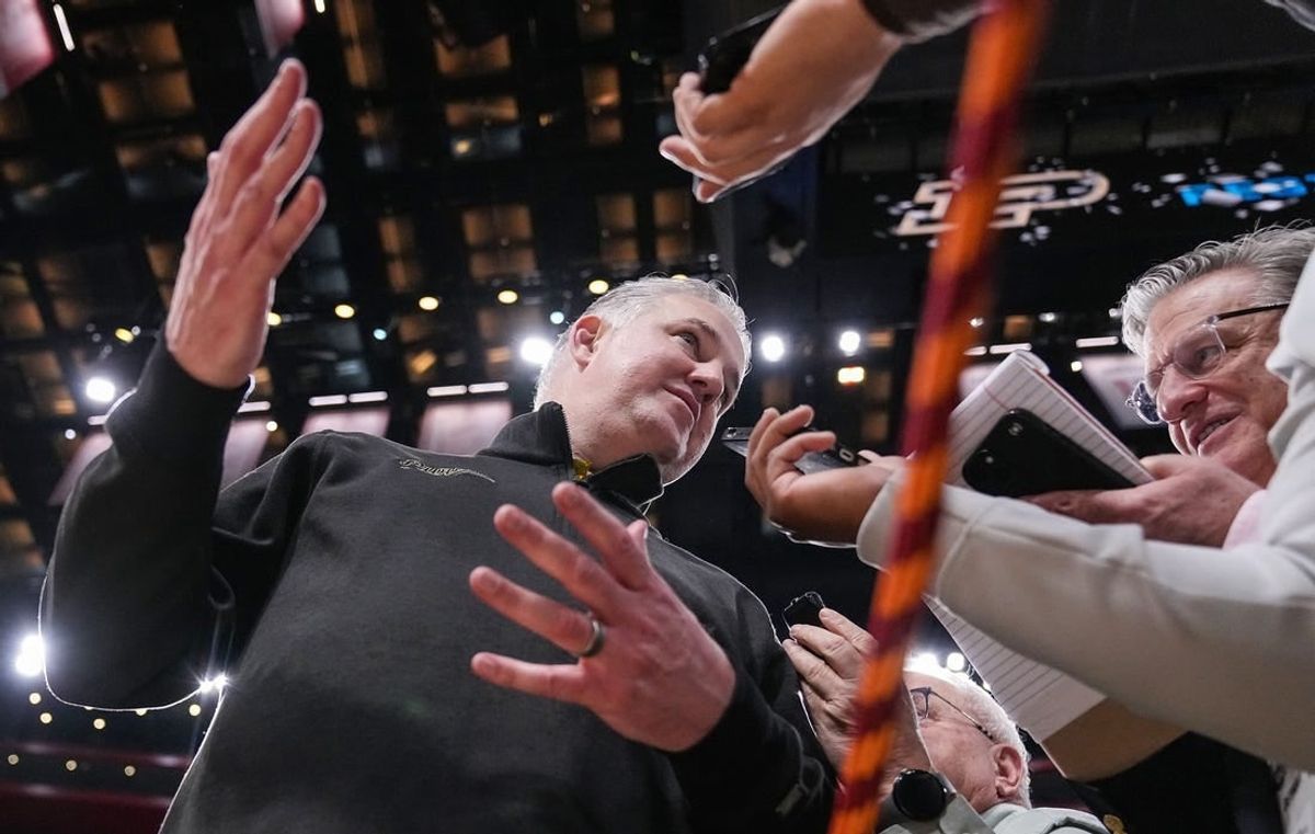 Purdue Boilermakers head coach Matt Painter talks with reporters Sunday, March 31, 2024, after defeating the Tennessee Volunteers for the midwest regional championship at the Little Caesars Arena in Detroit.