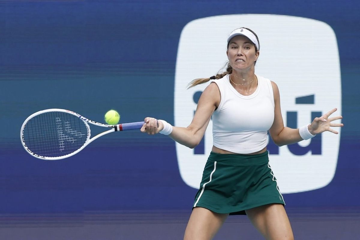 Mar 30, 2024; Miami Gardens, FL, USA; Danielle Collins (USA) hits a forehand against Elena Rybakina (KAZ) (not pictured) in the women's singles final of the Miami Open at Hard Rock Stadium.
