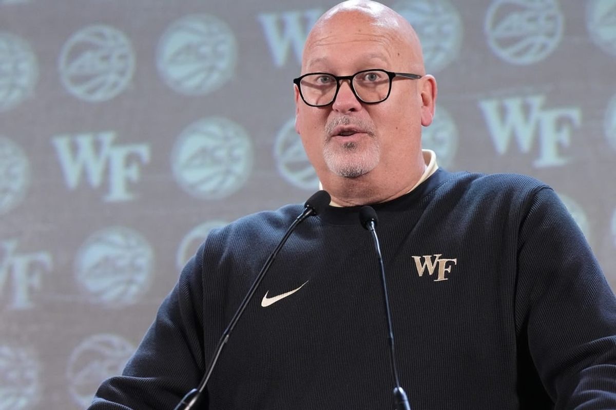 Oct 25, 2023; Charlotte, NC, USA;   Wake Forest coach Steve Forbes  speaks to the media during the ACC Tipoff at Hilton Charlotte Uptown.