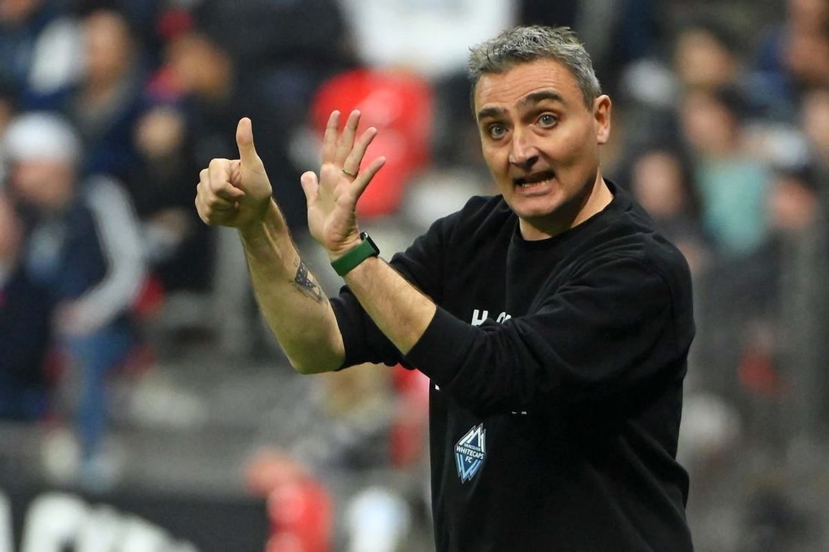 Nov 5, 2023; Vancouver, British Columbia, CAN; Vancouver Whitecaps FC head coach Vanni Sartini reacts to a play against Los Angeles FC during the second half of game two in a round one match of the 2023 MLS Cup Playoffs at BC Place.