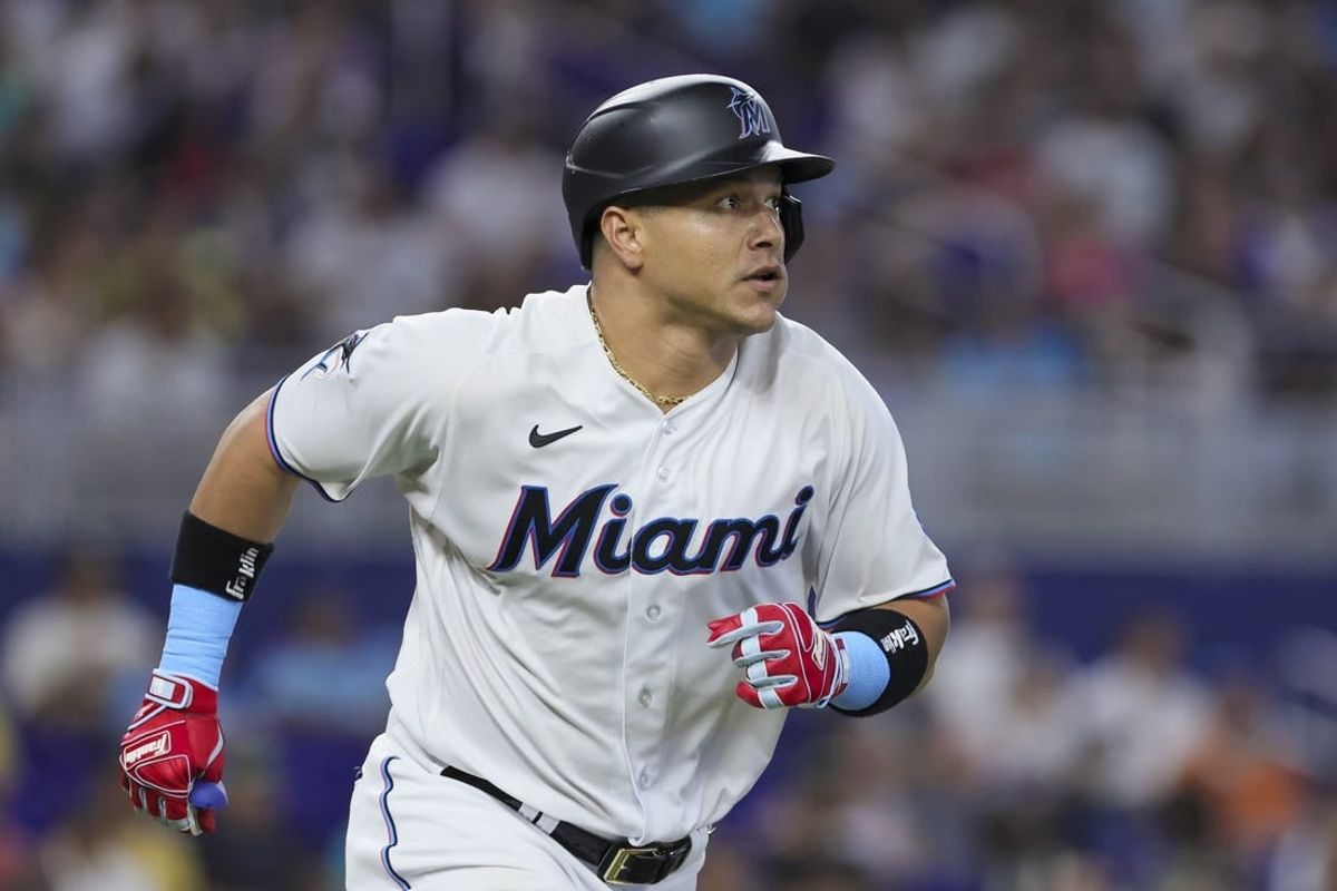 Jul 30, 2023; Miami, Florida, USA; Miami Marlins right fielder Avisail Garcia (24) circles the bases after hitting a triple against the Detroit Tigers during the fifth inning at loanDepot Park.