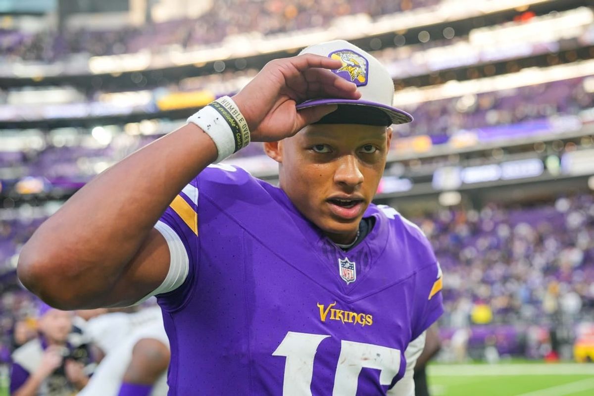 Nov 12, 2023; Minneapolis, Minnesota, USA; Minnesota Vikings quarterback Joshua Dobbs (15) after the game against the New Orleans Saints at U.S. Bank Stadium.