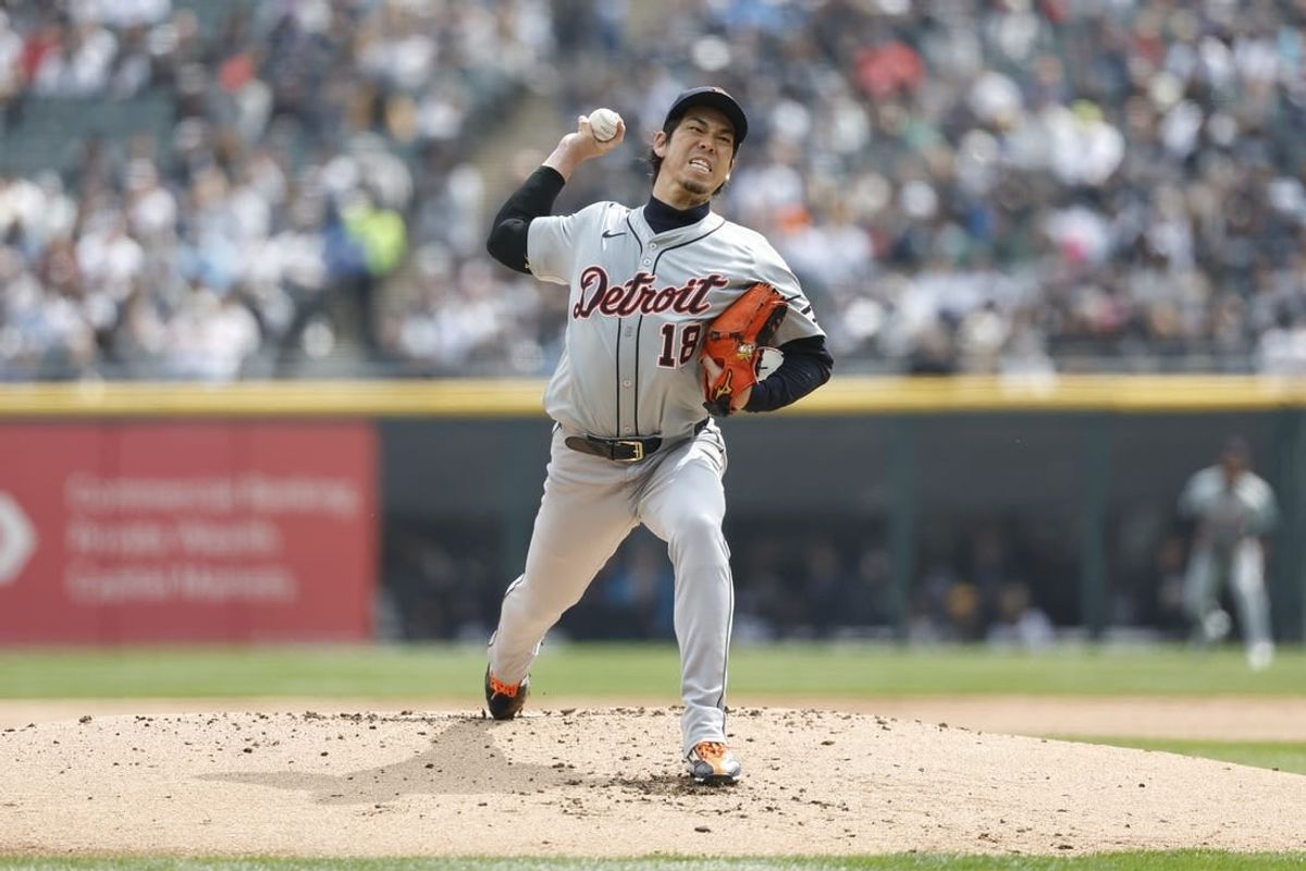 Mar 30, 2024; Chicago, Illinois, USA; Detroit Tigers starting pitcher Kenta Maeda (18) delivers a pitch against the Chicago White Sox during the first inning at Guaranteed Rate Field.