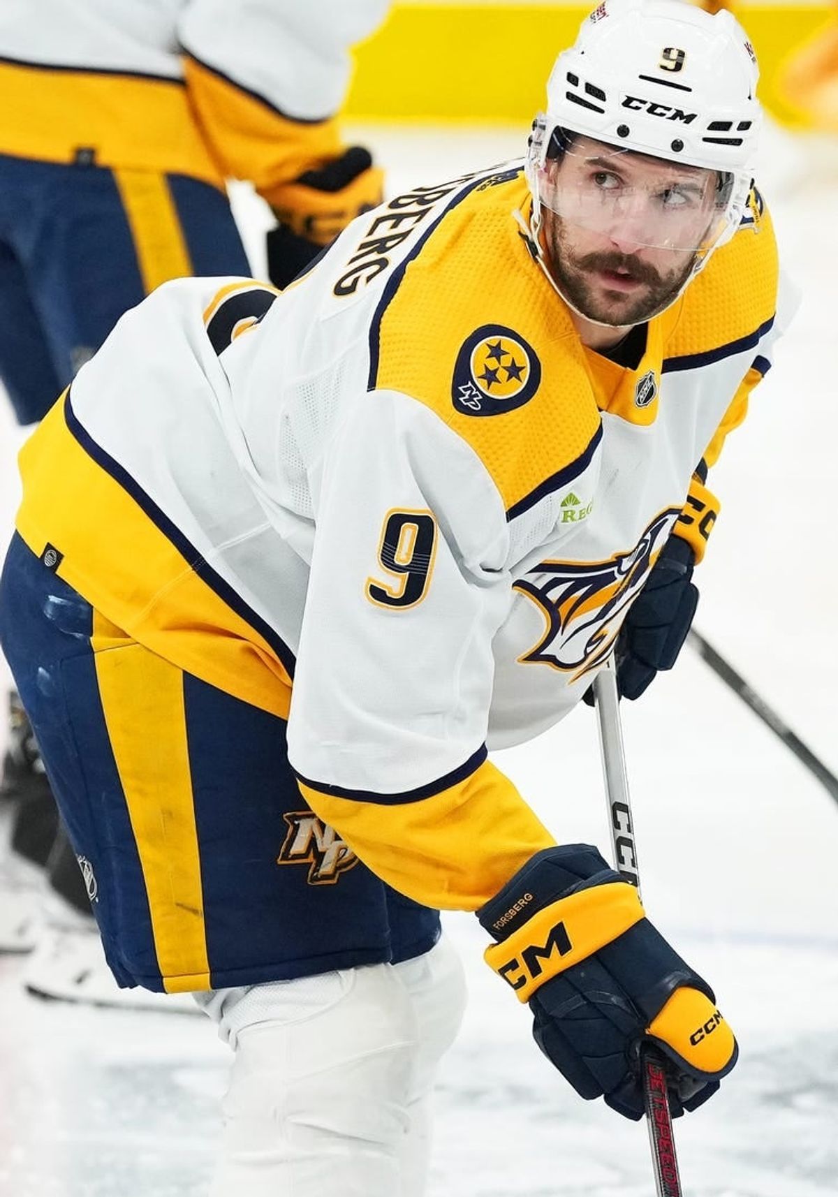 Dec 9, 2023; Toronto, Ontario, CAN; Nashville Predators left wing Filip Forsberg (9) skates against the Nashville Predators against the Toronto Maple Leafs during the warmup at Scotiabank Arena.