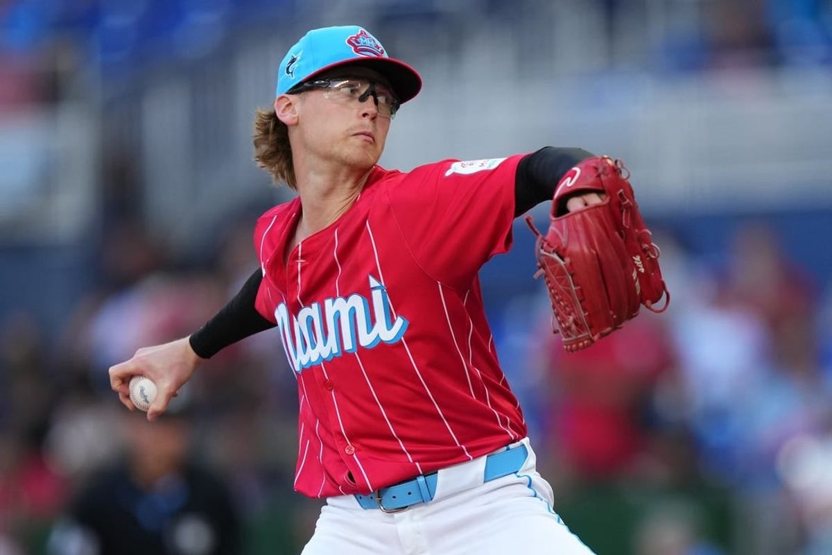 Apr 13, 2024; Miami, Florida, USA;  Miami Marlins starting pitcher Max Meyer (23) pitches against the Atlanta Braves in the first inning at loanDepot Park.