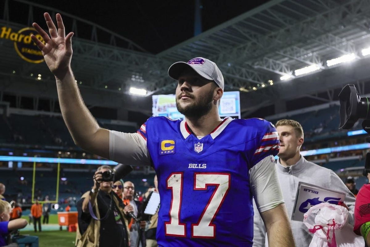 Jan 7, 2024; Miami Gardens, Florida, USA; Buffalo Bills quarterback Josh Allen (17) reacts after the game against the Miami Dolphins at Hard Rock Stadium.