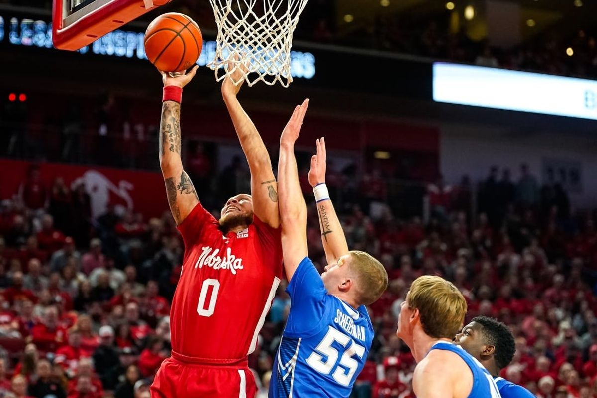 Dec 3, 2023; Lincoln, Nebraska, USA; Nebraska Cornhuskers guard C.J. Wilcher (0) shoots the ball against the Creighton Bluejays during the first half at Pinnacle Bank Arena.