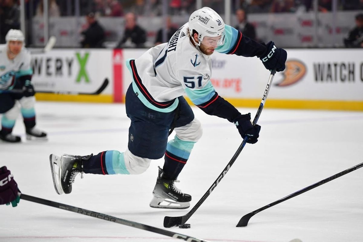 Apr 5, 2024; Anaheim, California, USA; Seattle Kraken center Shane Wright (51) shoots on goal against the Anaheim Ducks during the first period at Honda Center.