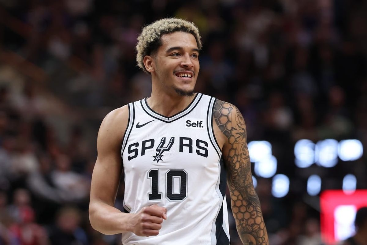 Mar 27, 2024; Salt Lake City, Utah, USA; San Antonio Spurs forward Jeremy Sochan (10) reacts to a play against the Utah Jazz during the first quarter at Delta Center.