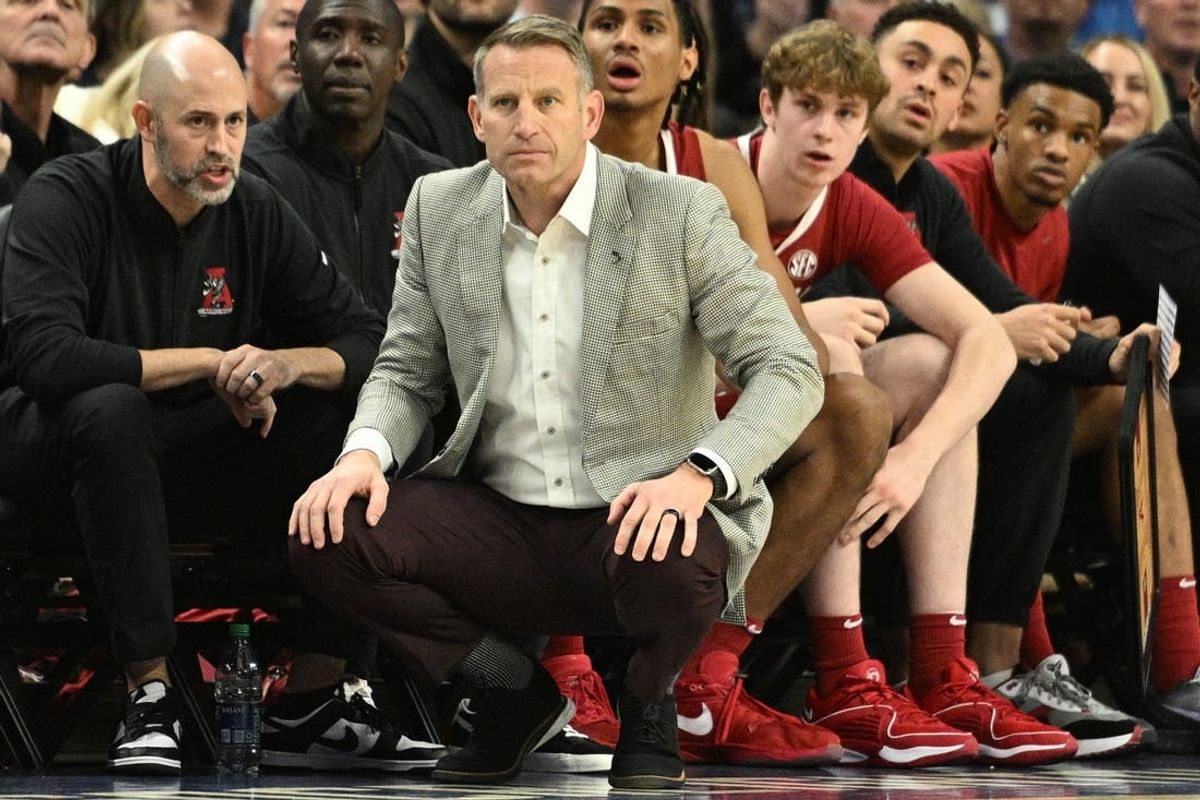 Dec 16, 2023; Omaha, Nebraska, USA;  Alabama Crimson Tide head coach Nate Oats watches action against the Creighton Bluejays in the first half  at CHI Health Center Omaha.