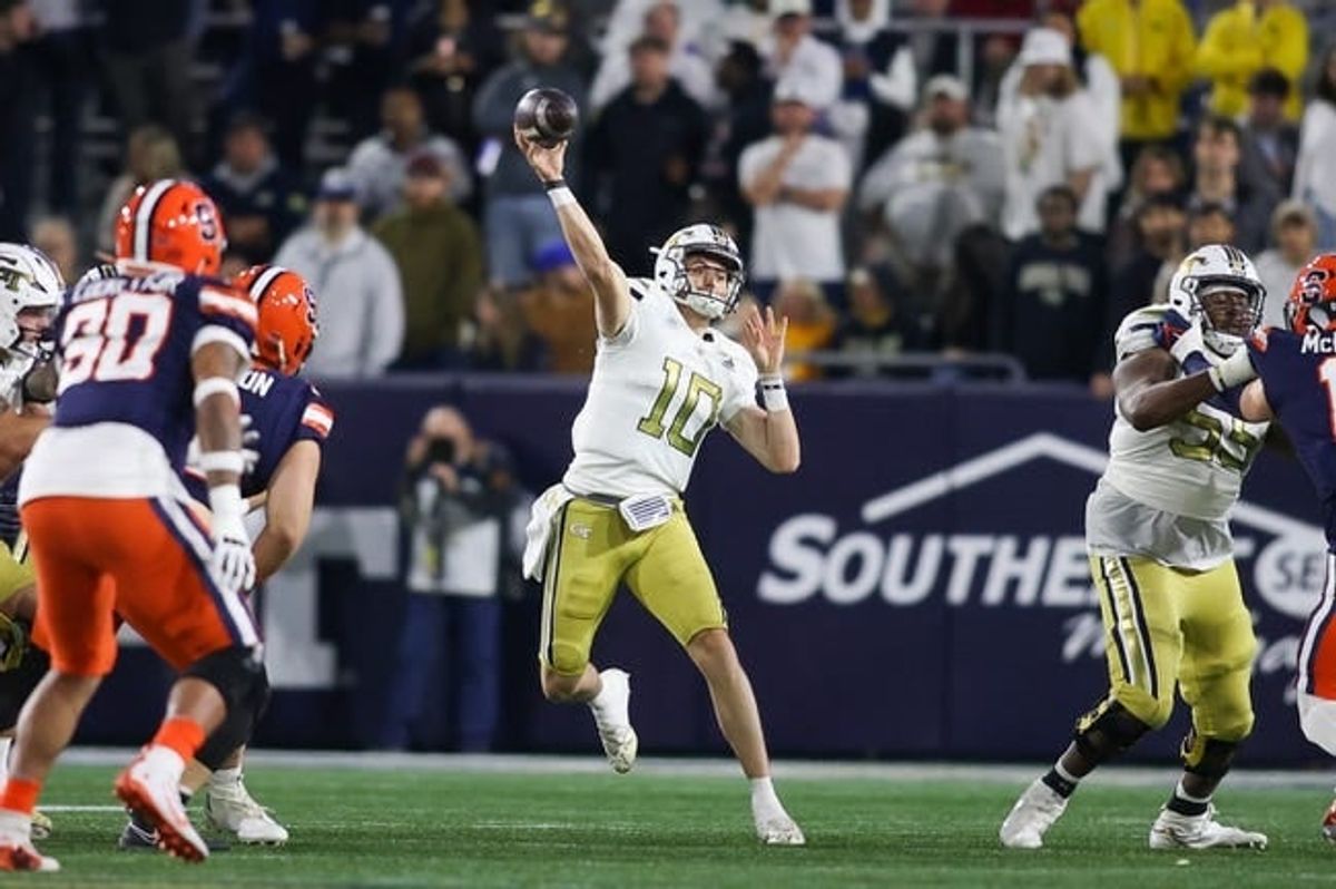 Nov 18, 2023; Atlanta, Georgia, USA; Georgia Tech Yellow Jackets quarterback Haynes King (10) throws a pass against the Syracuse Orange in the first half at Bobby Dodd Stadium at Hyundai Field.