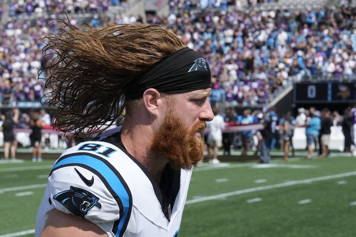 Oct 1, 2023; Charlotte, North Carolina, USA; Carolina Panthers tight end Hayden Hurst (81) runs on to the field before the game at Bank of America Stadium.