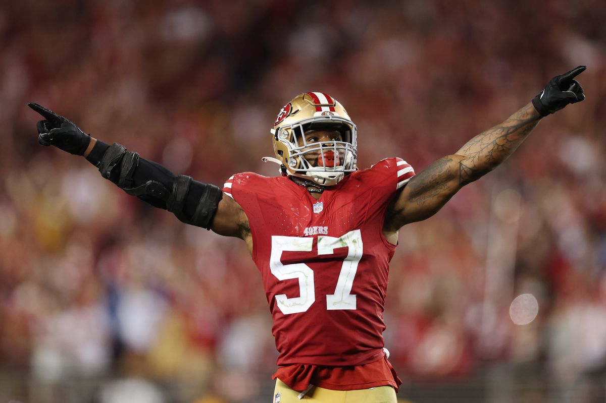 SANTA CLARA, CALIFORNIA - JANUARY 28: Dre Greenlaw #57 of the San Francisco 49ers celebrates after a stop during the fourth quarter against the Detroit Lions in the NFC Championship Game at Levi’s Stadium on January 28, 2024 in Santa Clara, California. (Photo by Ezra Shaw/Getty Images)