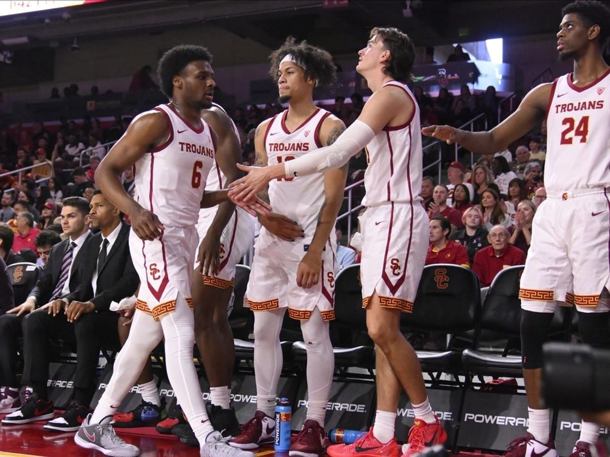 Dec 10, 2023; Los Angeles, California, USA; USC Trojans guard Bronny James (6) returns to the bench during the first half against the Long Beach State 49ers at Galen Center.