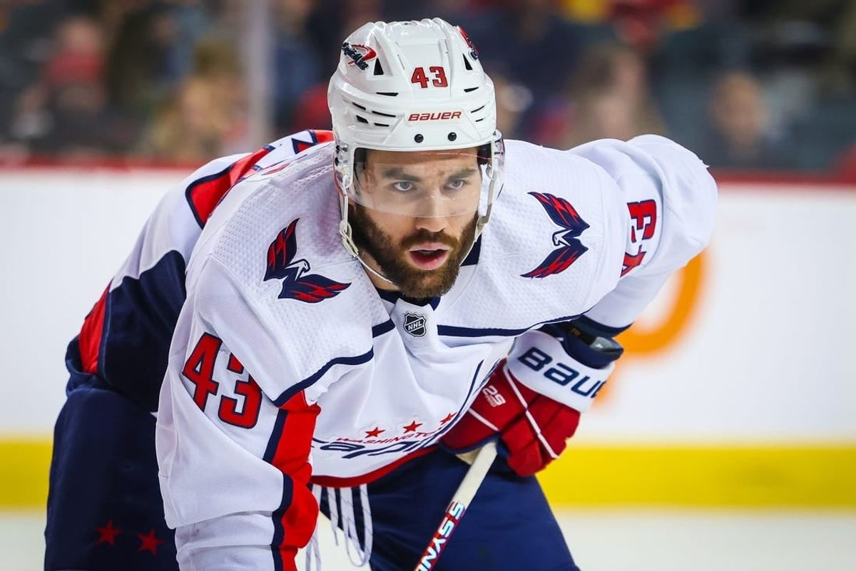 Mar 18, 2024; Calgary, Alberta, CAN; Washington Capitals right wing Tom Wilson (43) during the face off against the Calgary Flames during the first period at Scotiabank Saddledome.