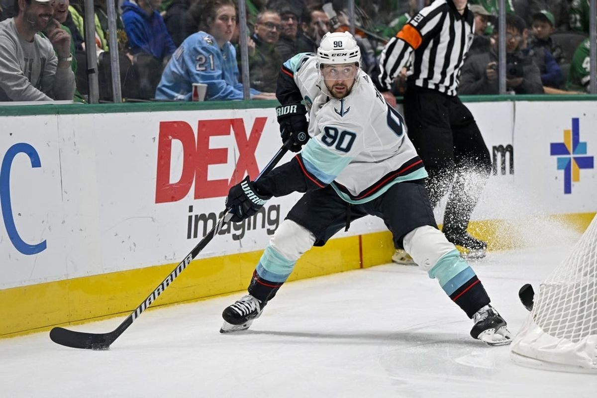 Dec 18, 2023; Dallas, Texas, USA; Seattle Kraken left wing Tomas Tatar (90) skates against the Dallas Stars during the third period at the American Airlines Center.