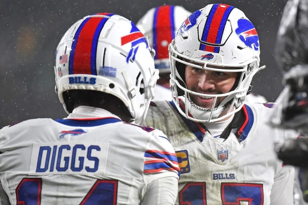 Nov 26, 2023; Philadelphia, Pennsylvania, USA; Buffalo Bills quarterback Josh Allen (17) and wide receiver Stefon Diggs (14) celebrate a touchdown against the Philadelphia Eagles against the Philadelphia Eagles at Lincoln Financial Field.