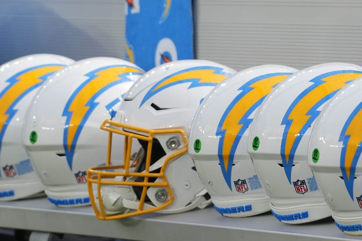 Aug 12, 2023; Inglewood, California, USA; Los Angeles Chargers helmets on the bench at SoFi Stadium.