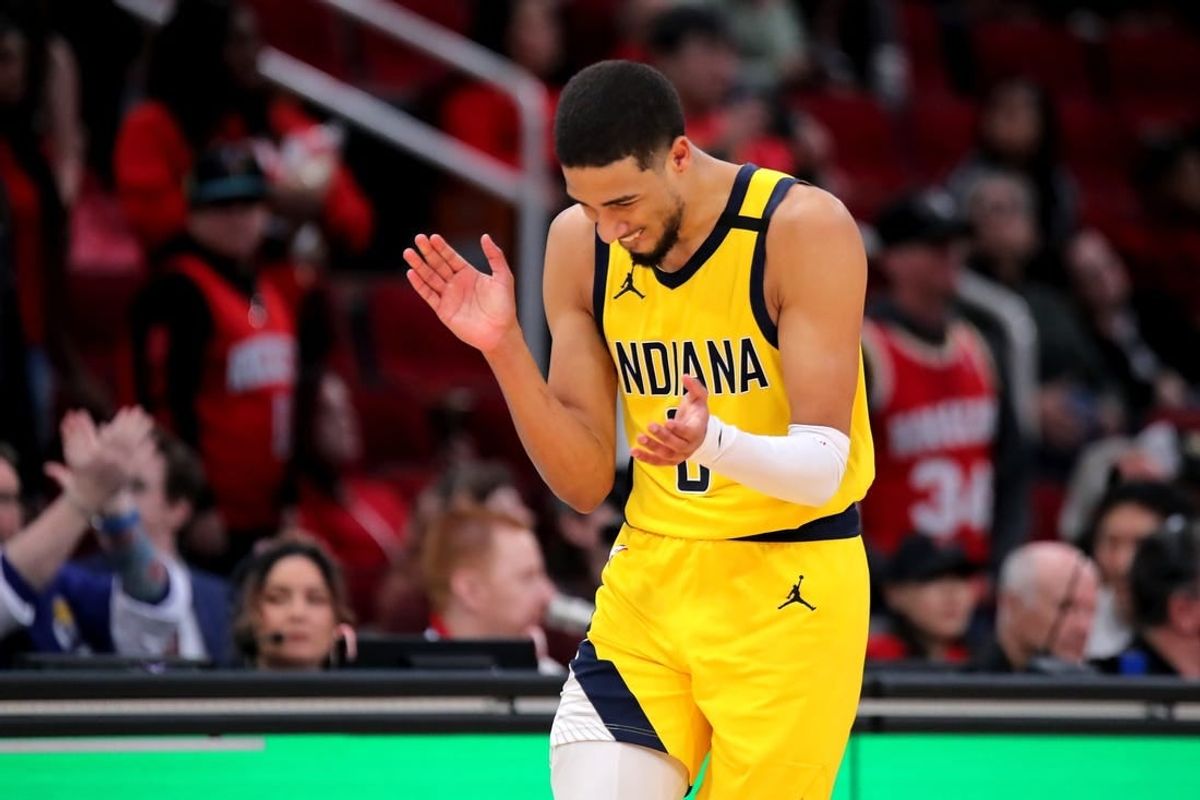 Dec 26, 2023; Houston, Texas, USA; Indiana Pacers guard Tyrese Haliburton (0) reacts in the final seconds against the Houston Rockets during the fourth quarter at Toyota Center.