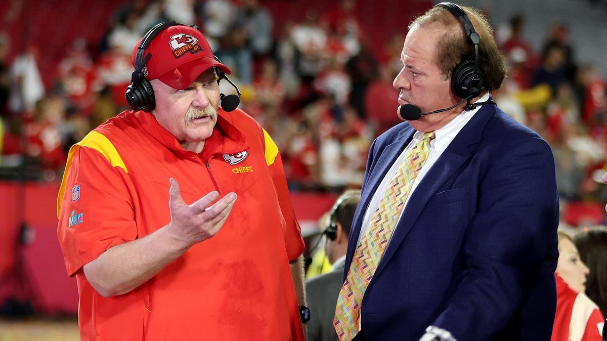 Chris Berman talks to Chief’s head coach Andy Reid following the Super Bowl.