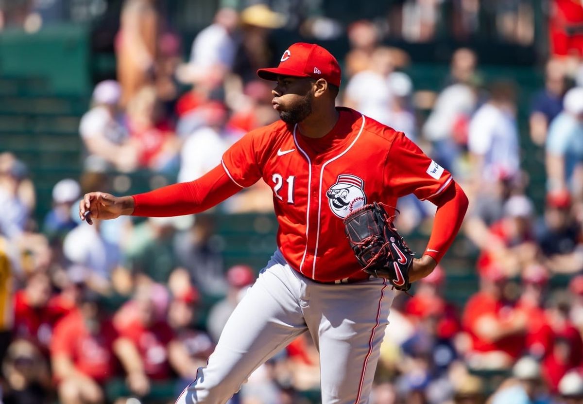 Mar 19, 2024; Tempe, Arizona, USA; Cincinnati Reds pitcher Hunter Greene against the Los Angeles Angels during a spring training game at Tempe Diablo Stadium.