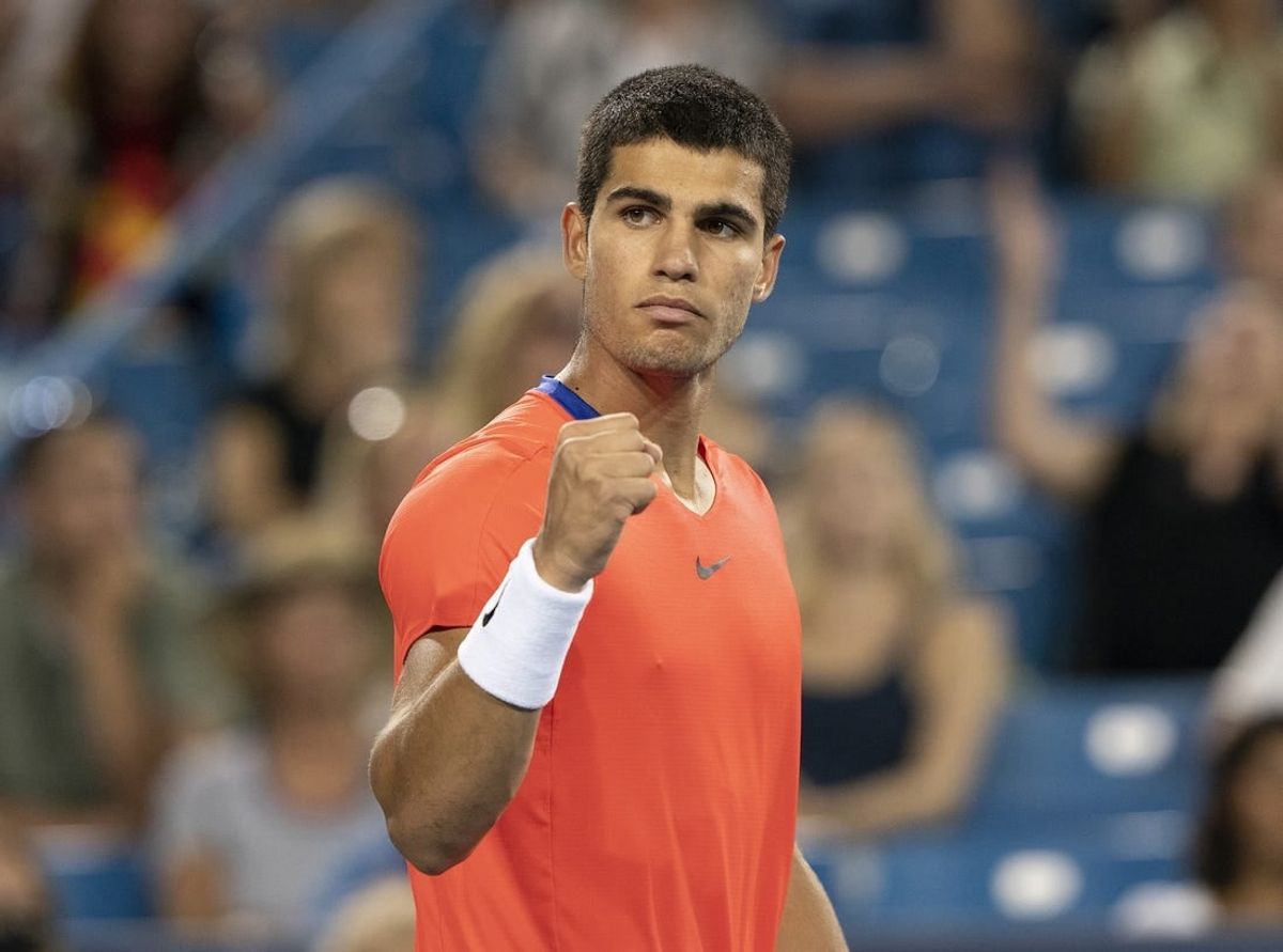 Aug 19, 2022; Cincinnati, OH, USA; Carlos Alcaraz (ESP) reacts to a point during his match against Cameron Norrie (GBR) at the Western & Southern Open at the Lindner Family Tennis Center.
