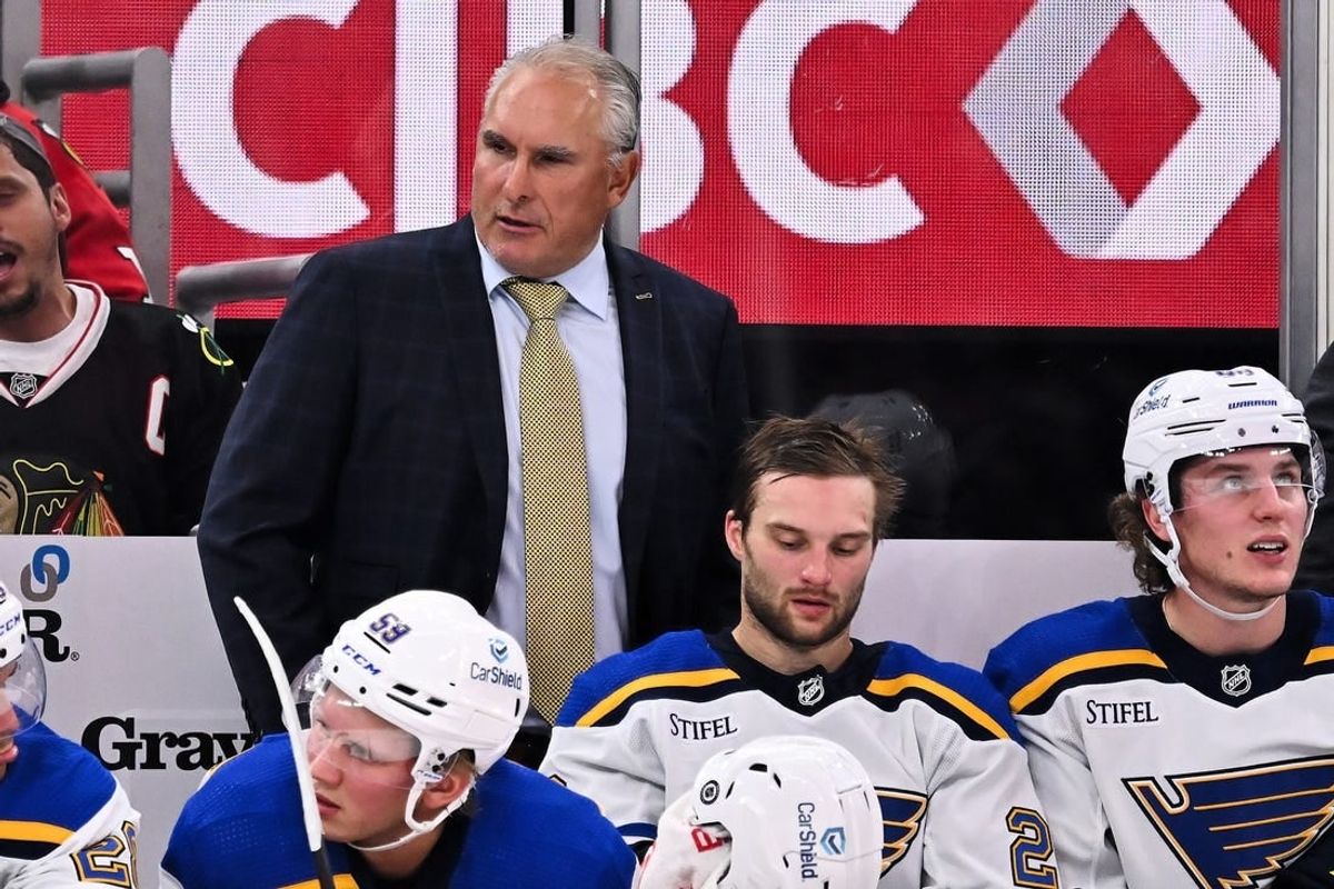 Sep 28, 2023; Chicago, Illinois, USA;  St. Louis Blues head coach Craig Berube watches his team play against the Chicago Blackhawks at United Center.