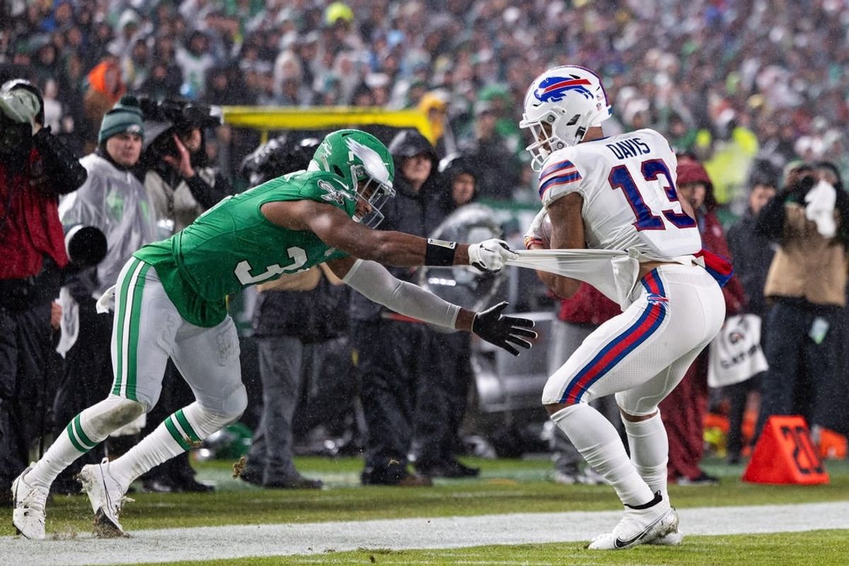 Nov 26, 2023; Philadelphia, Pennsylvania, USA; Buffalo Bills wide receiver Gabe Davis (13) makes a catch past Philadelphia Eagles safety Kevin Byard (31) during the second quarter at Lincoln Financial Field.